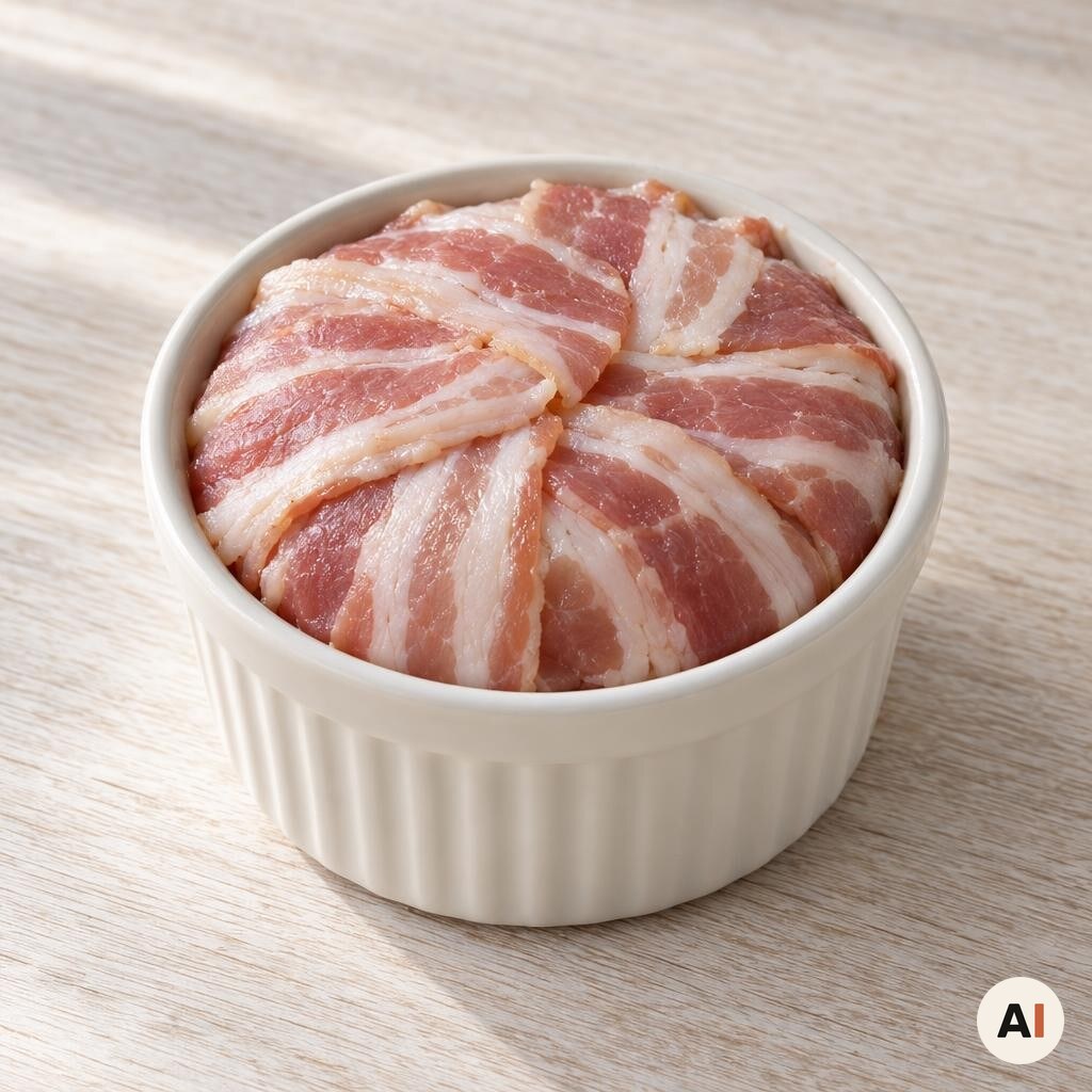 Bacon foldes over farsen i en lille sandkageform