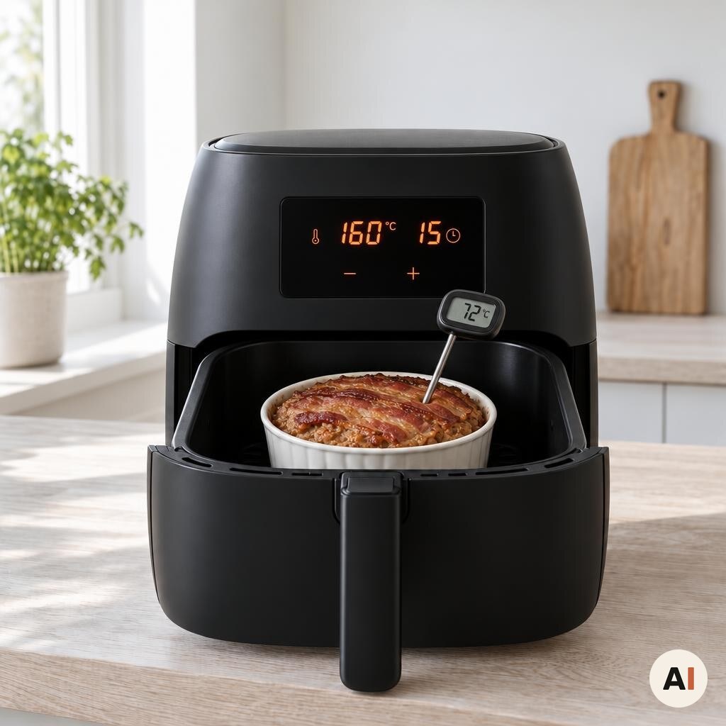 Patéen bages uden folie i min airfryer, mens kernetemperaturen måles til 72 grader