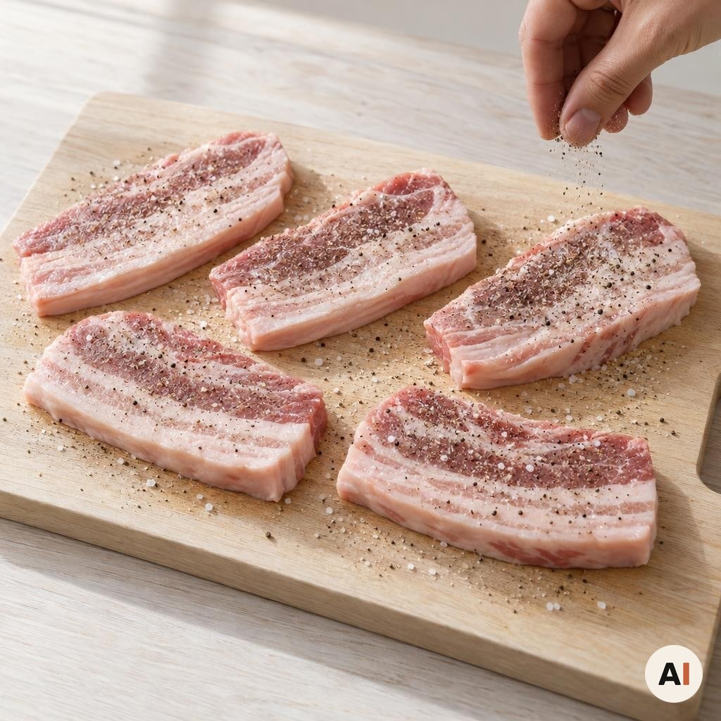 Flæskeskiver krydres med salt og sort peber