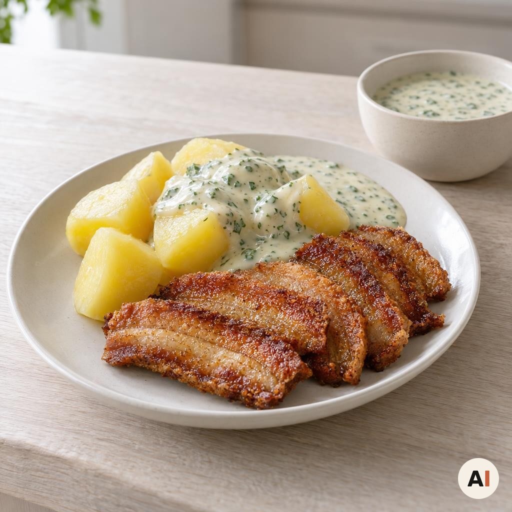 Stegt flæsk serveres med kartofler og persillesovs