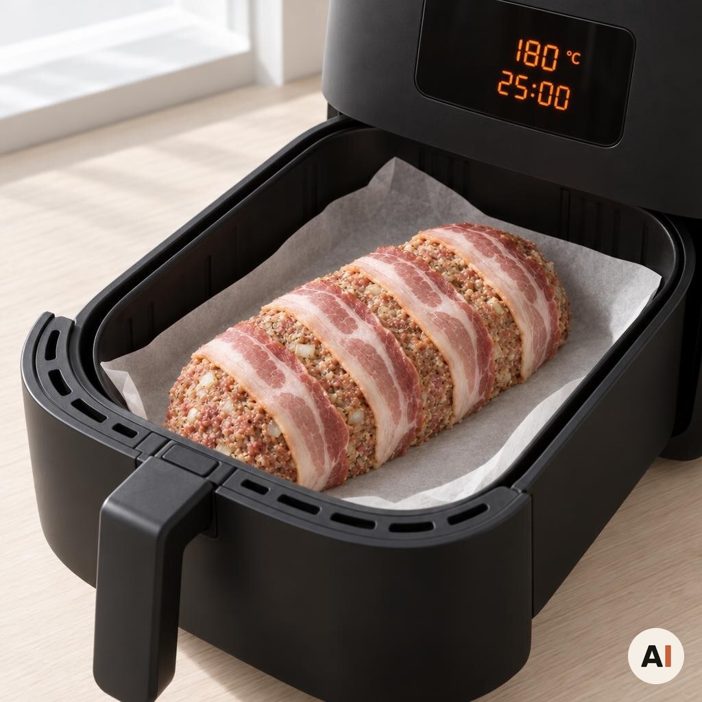 Forloren hare med fire baconskiver tilberedes i min airfryer ved 180 grader