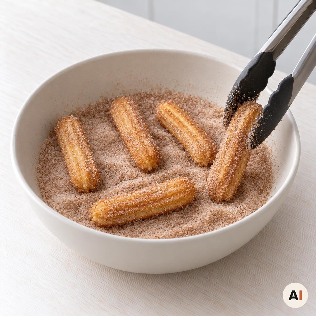 Varme churros vendes i sukker og kanel