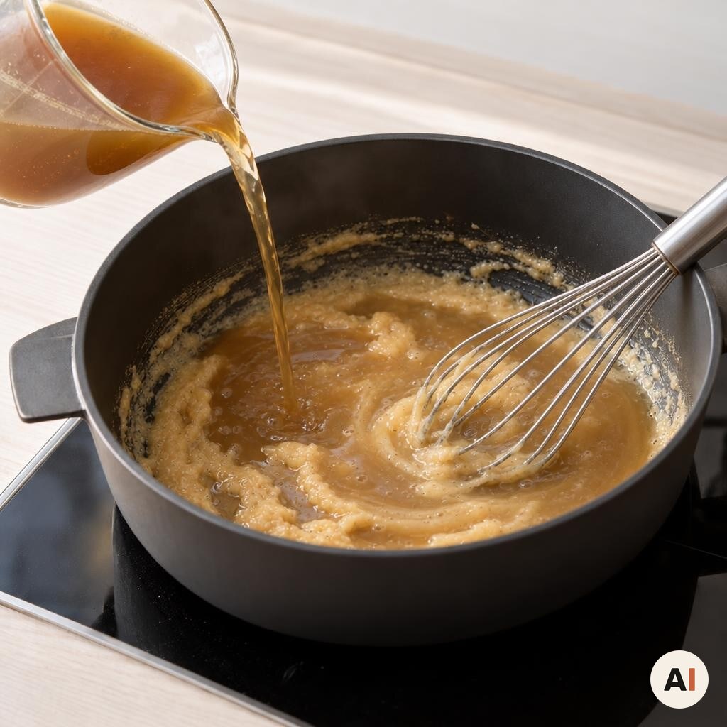 Oksebouillon røres i den brune sovs