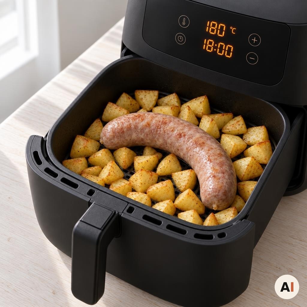 Den ene medisterpølse og kartofler steges i min airfryer