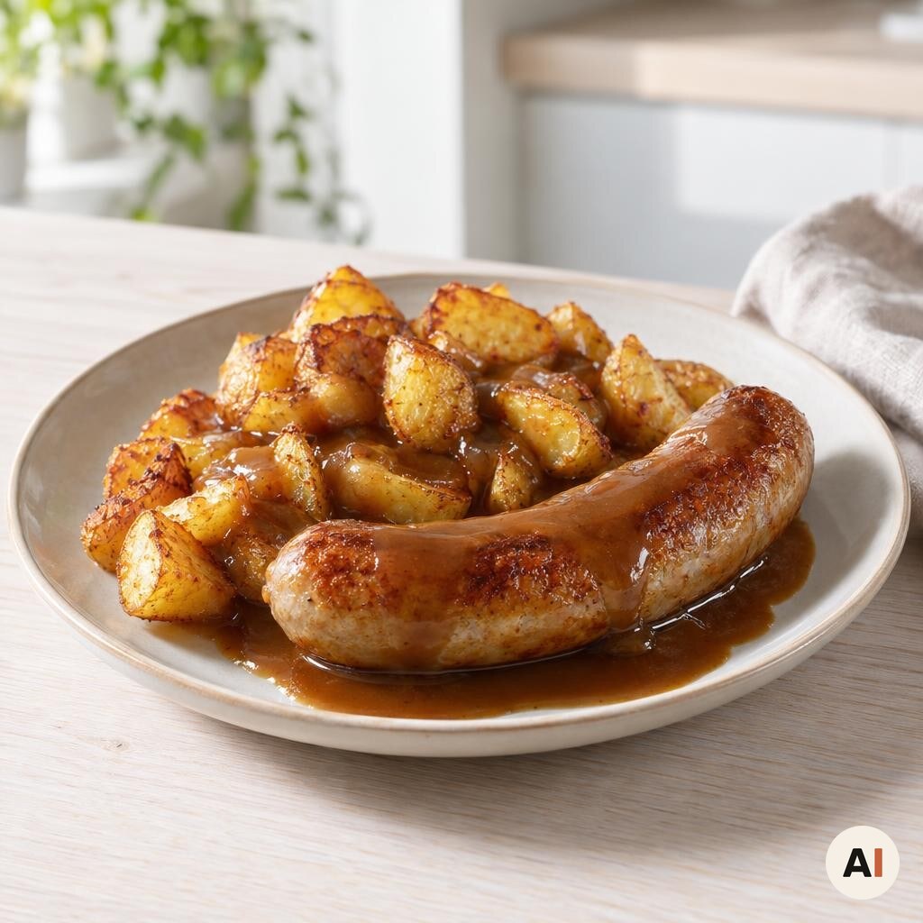 Medisterpølse og kartofler serveres med brun sovs