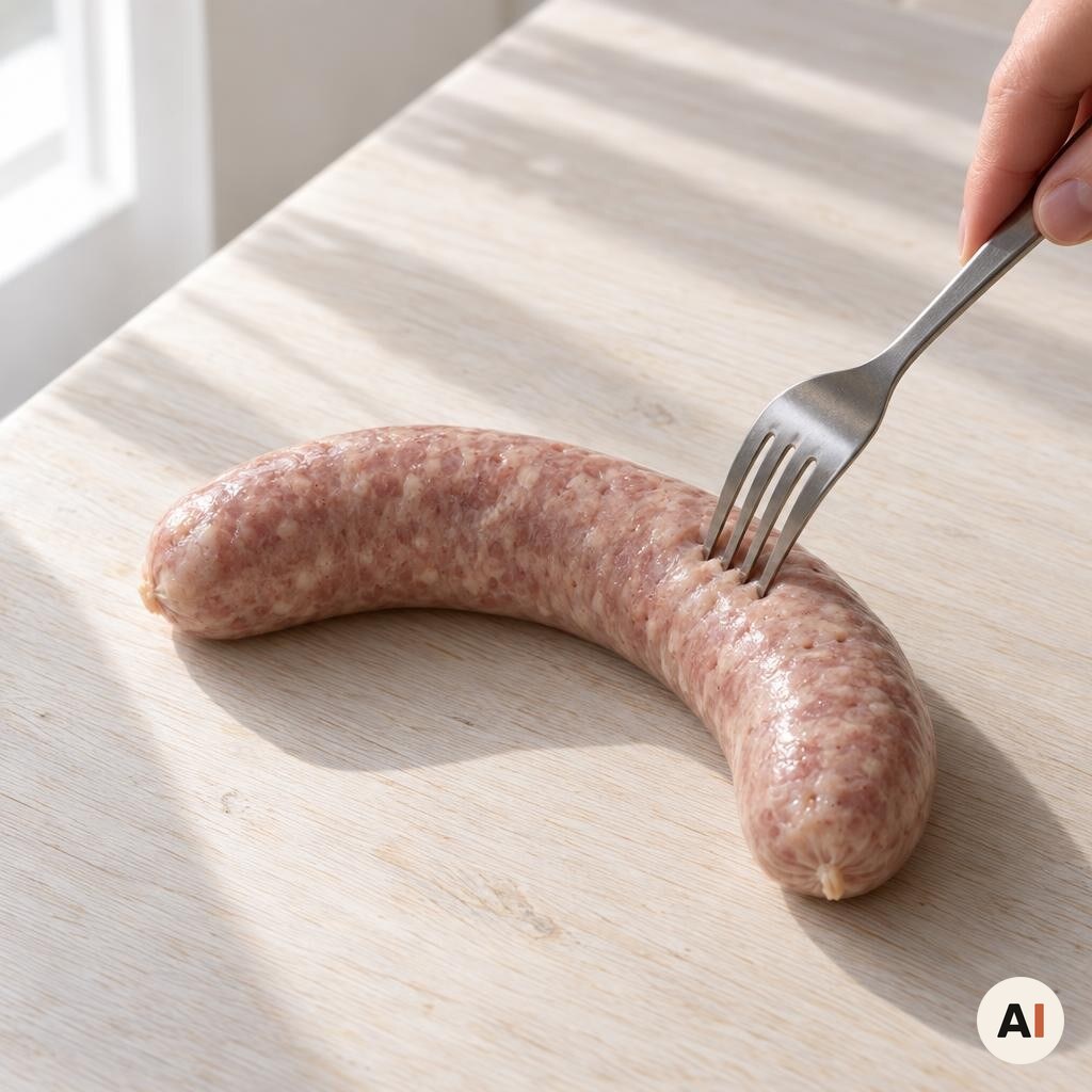 Den ene medisterpølse prikkes med en gaffel