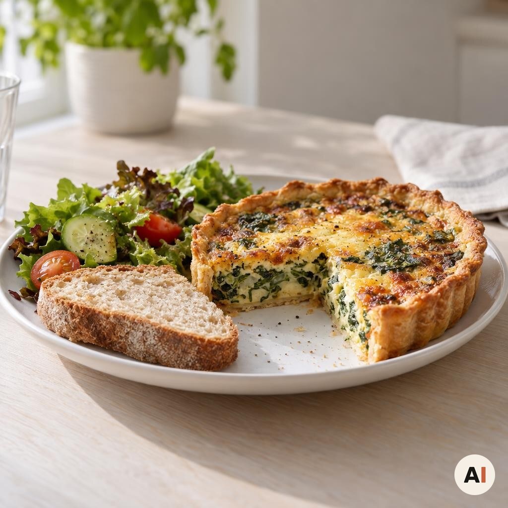 Laksetærte serveres med salat og ét stykke brød