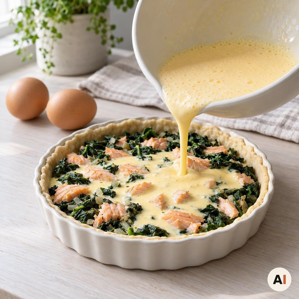 Creme fraiche og to æg piskes sammen og fordeles over tærten