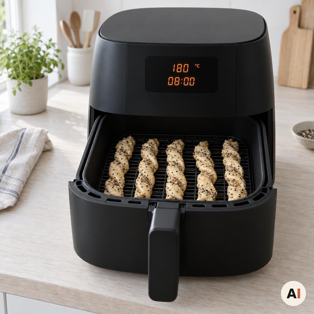 Frøsnapperstrimler placeres med afstand i min airfryer ved 180 grader