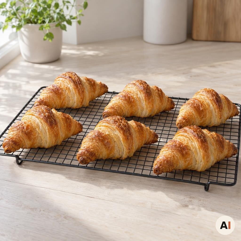 Seks færdigbagte croissanter køler af på en rist efter tilberedning i min airfryer