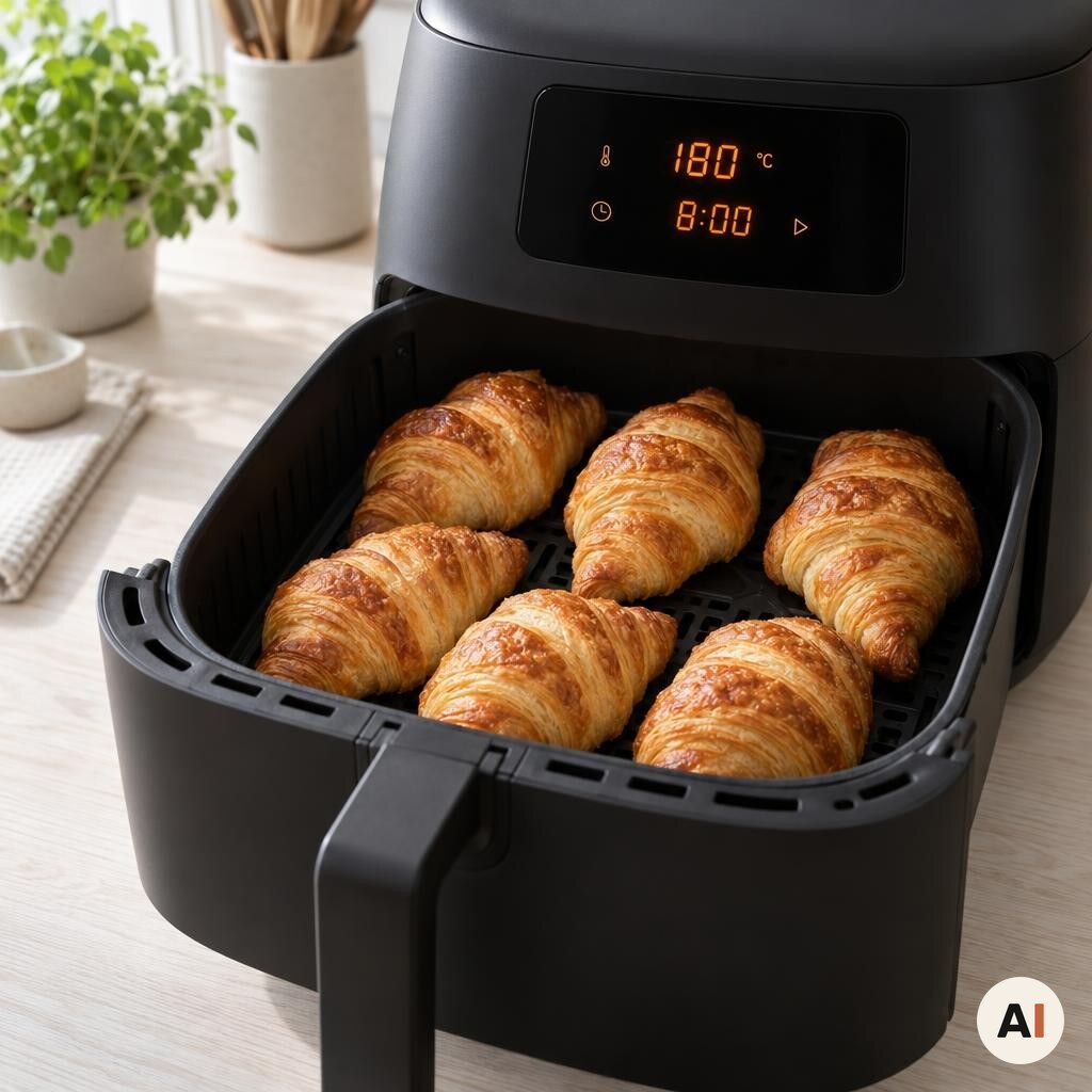 Seks gyldne croissanter bager ved 180 grader i min airfryer