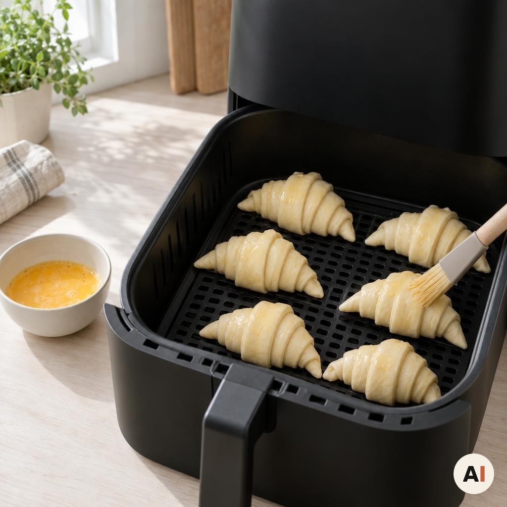 Seks rå croissanter pensles med sammenpisket æg i min airfryer