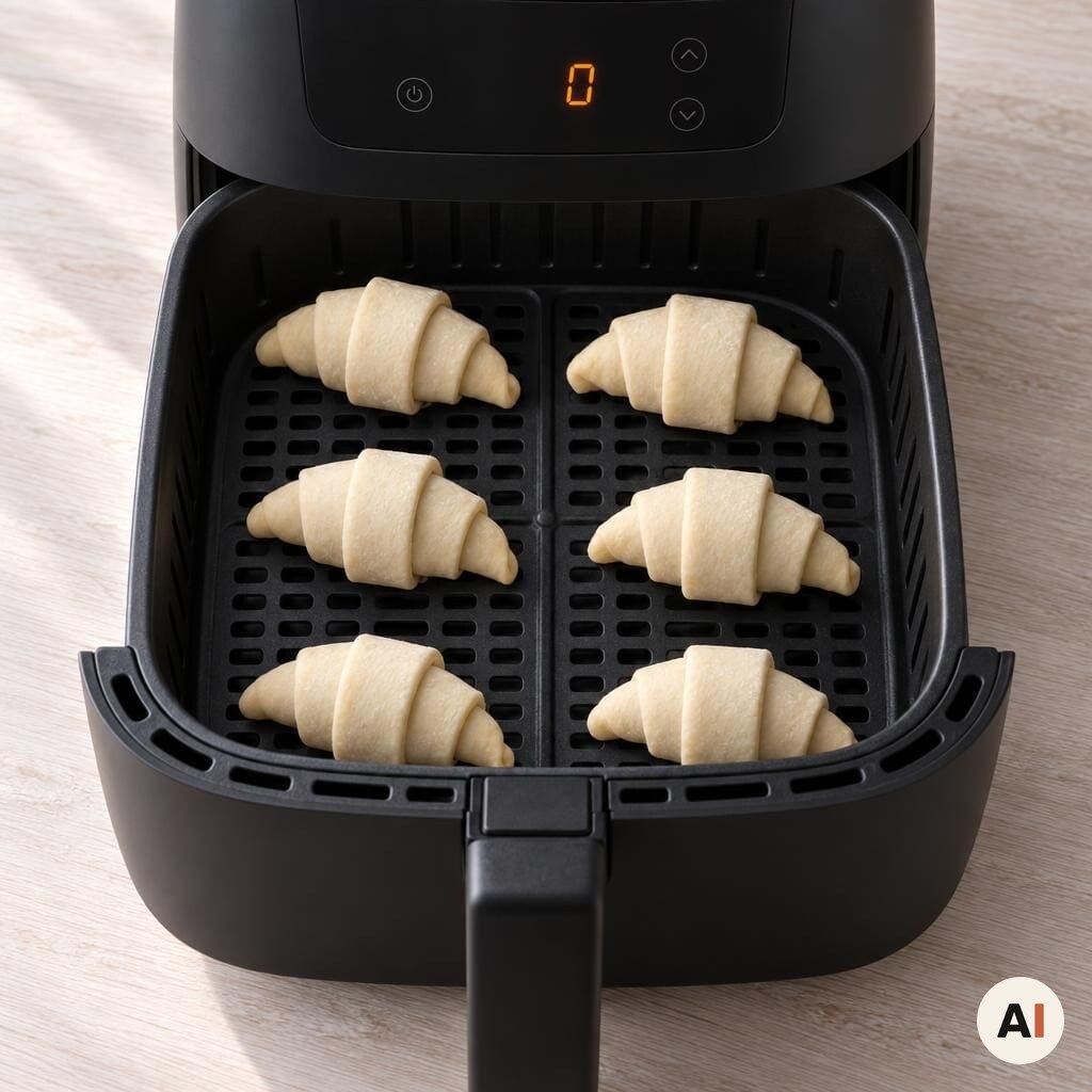 Seks rå croissanter placeres med afstand i kurven i min airfryer