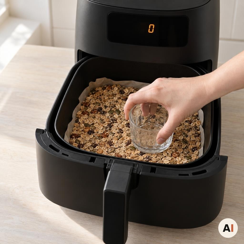 Müsliblandingen presses fast på bagepapir i min airfryer