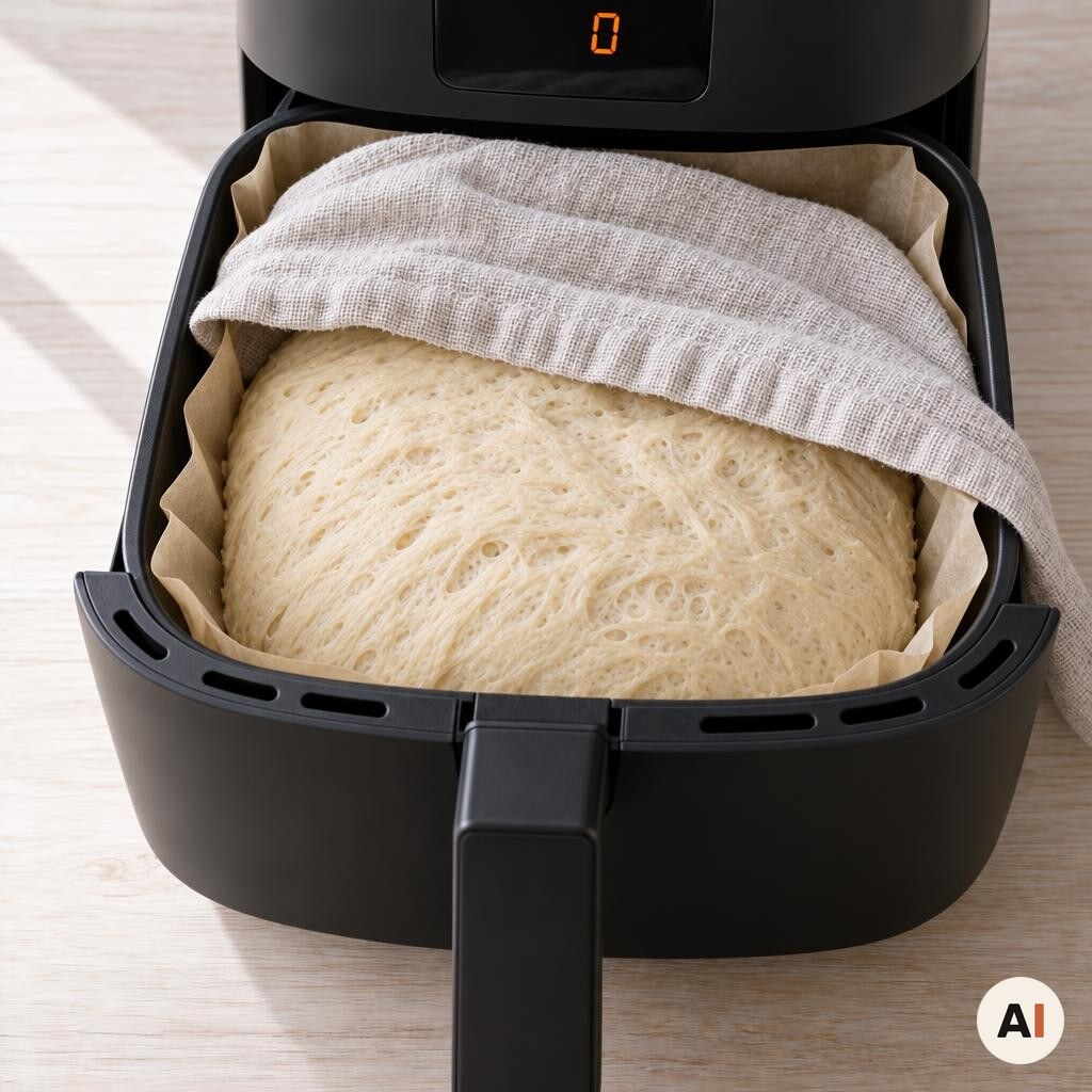 Den luftige focacciadej efterhæver på bagepapir i min airfryer