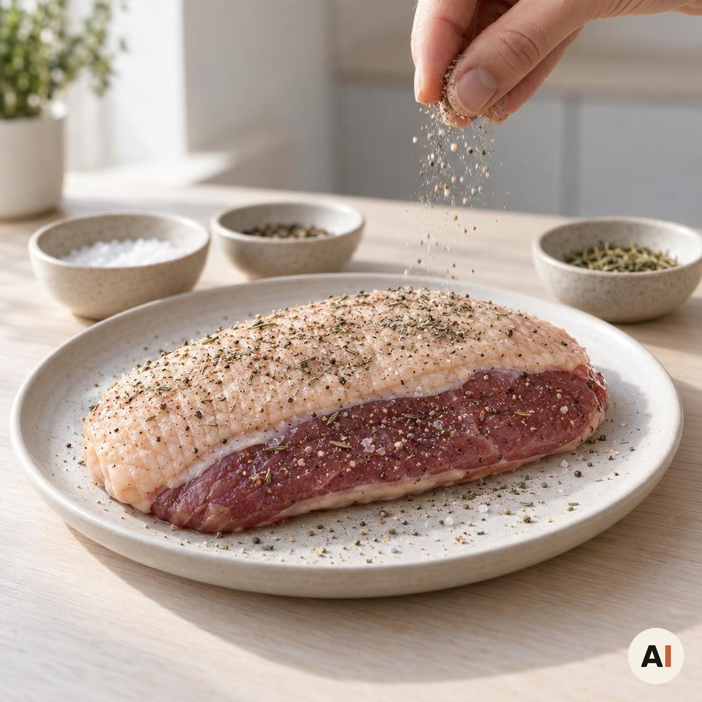Andebryst krydres med salt, peber, sukker og tørrede urter