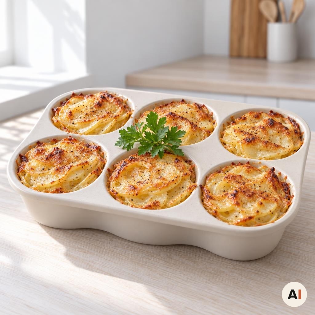 Kartoffelgratiner hviler med frisk persille efter tilberedning i min airfryer